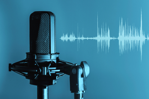 Professional,Microphone,With,Waveform,On,Blue,Background,Banner,,Podcast,Or
