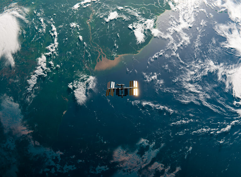 International,Space,Station,(iss),Orbiting,Earth,Over,Amazon,River,In